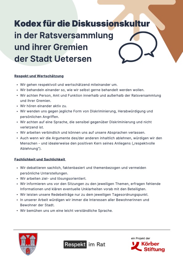 Das Foto zeigt die erste Seite des Kodex, die Liste mit allen Regeln, die sich die Mitglieder der Uetersener Ratsversammlung gegeben haben. Ziel ist ein besserer Umgang mit einander und eine gepflegte Diskussionskultur.