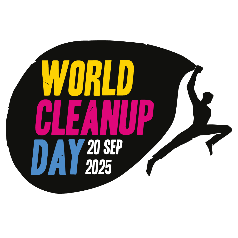 Das Bild zeigt das Logo des World Cleanup Day 2025: Vor weißem Hintergrund springt eine schwarze Figur in Richtung rechten Bildrand. In der rechten Hand hält sie eine Sprechblase wie einen riesigen schwarzen Müllbeutel, als ziehe sie diesen hinter sich her. Und er Sprechblase stehen in drei Zeilen die Wörter "WORLD" (gelb), "CLEANUP" (pink), "DAY (blau) 20 SEP 2025 (weiß).